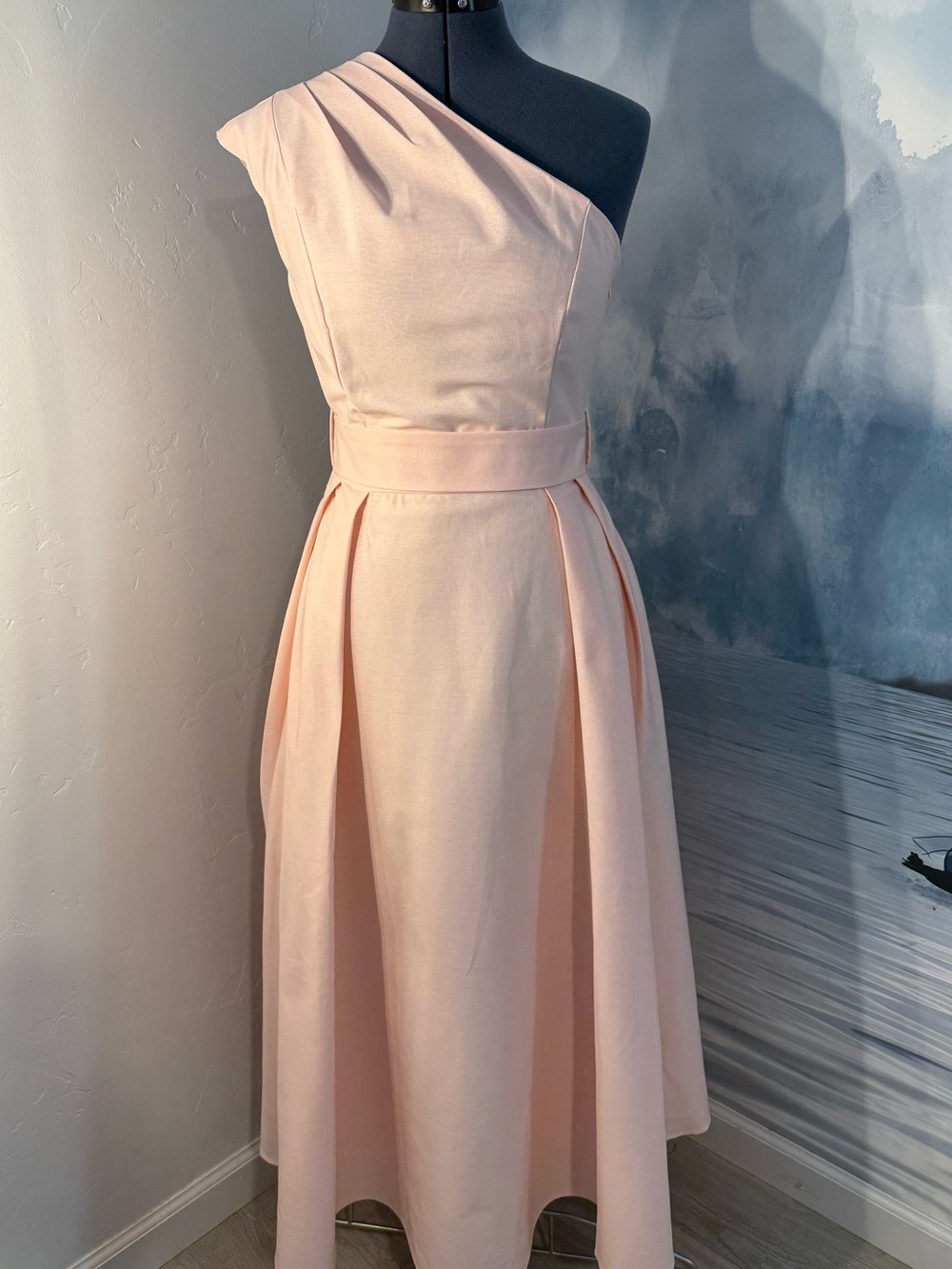 One-Shoulder light Pink Midi Dress with Waistband 208